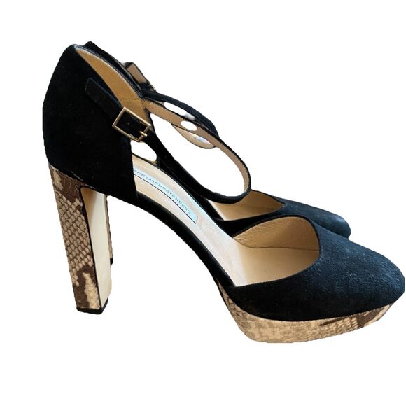 Diane Von Furstenberg Mary Jane Platforms Sz 10 Black Suede Python Pattern Heels - Picture 2 of 12